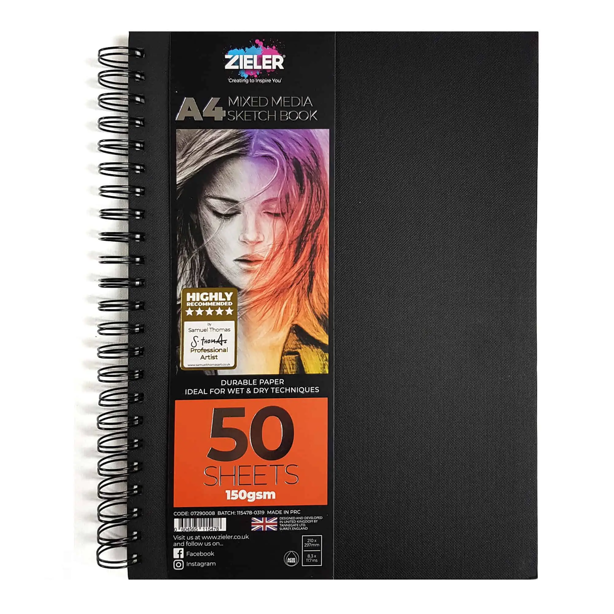 A4 Spiral Bound Hardback Sketchbook - 50 Sheets - Zieler Art Supplies