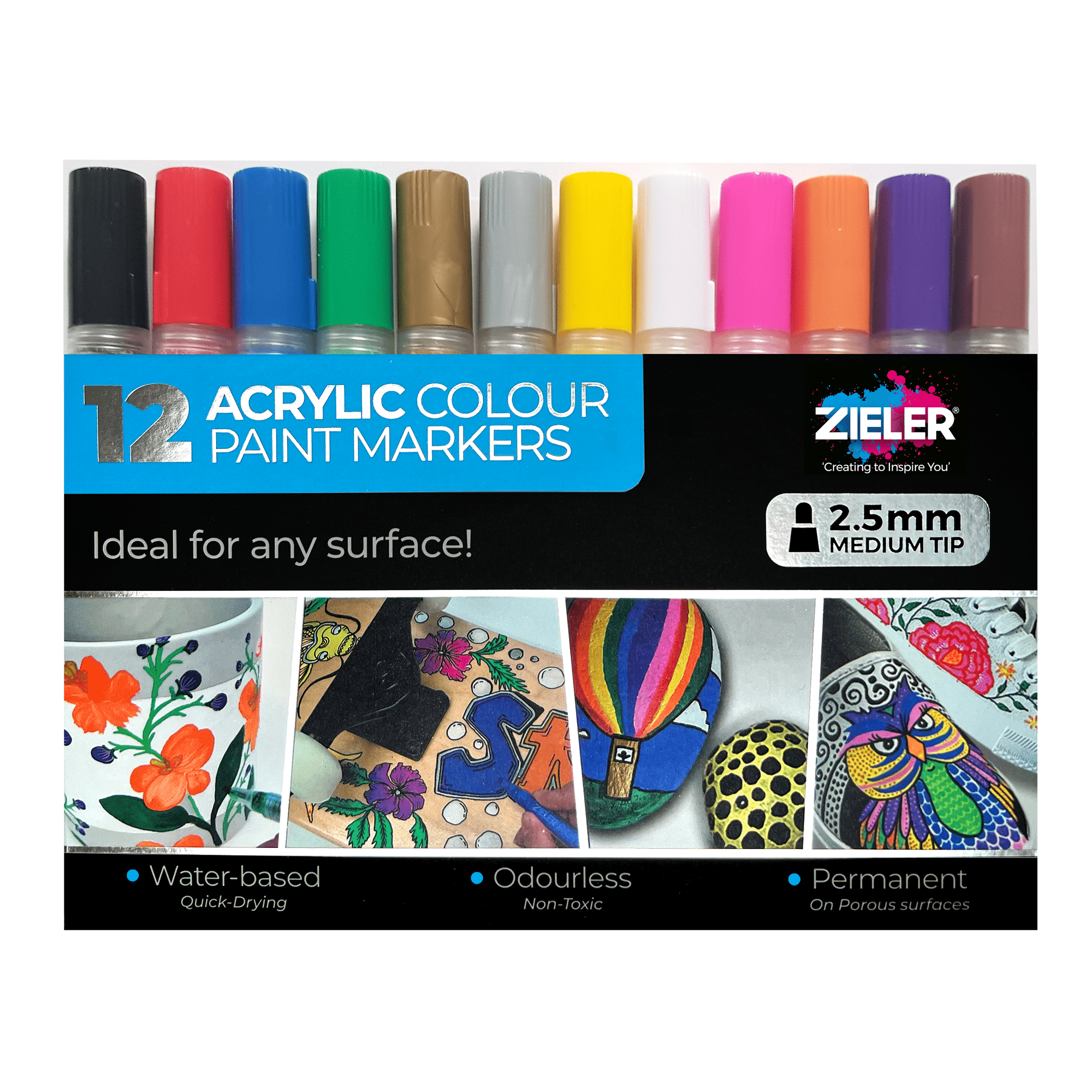 Acrylic Paint Markers pens Canvas Glass Fabric Ceramic Work on almost Anything Wood DIY Craft Mugs Medium Tip Marker for Art projects 12 Vibrant Colors Permanent Paint Pen Rocks Painting 