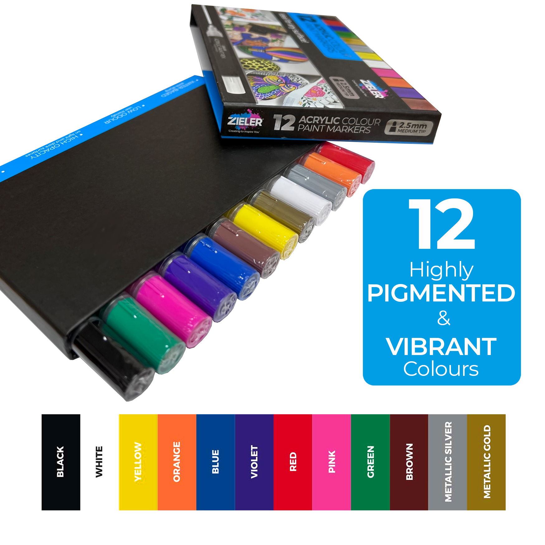 Acrylic Paint Marker Pens, With Mandala Book Set of 12 Colors