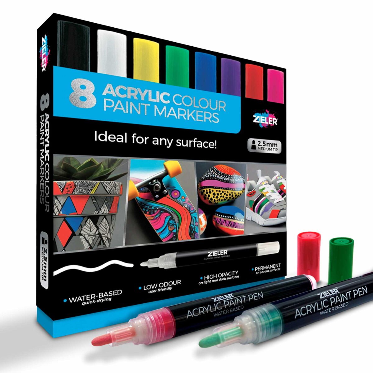 Acrylic Colour Paint Marker Pens | Medium tip (2.5mm) | Set of 8 Assorted Bright Colours - by Zieler | 09299560