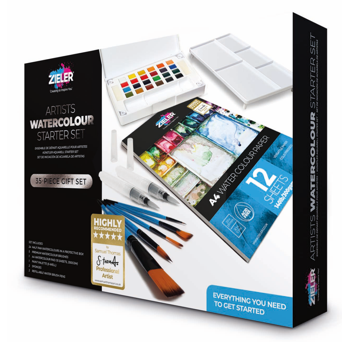 Watercolour Starter Art Gift Set - by Zieler | Contains: 24 Watercolour Half Pan Set, A4 Watercolour Pad & 5 Premium Watercolour Brushes | 09299297