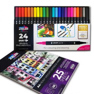 Zieler Duotip Brush & Fineliner Colouring Pens with A4 Cartridge Paper Pad