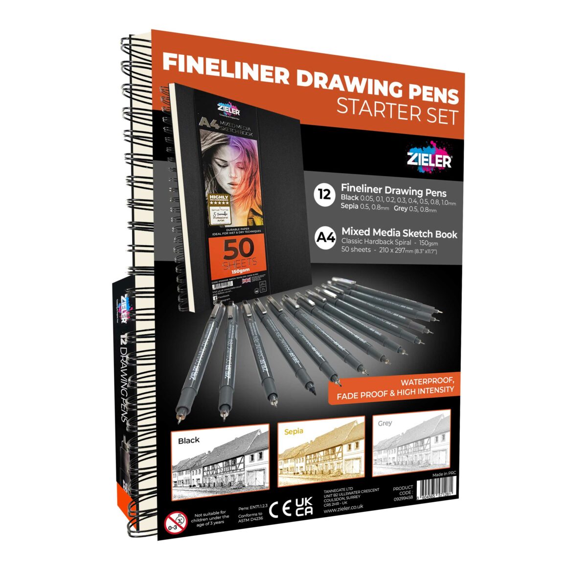 Fineliner Drawing Pens Starter Set - Zieler | 12 Fineliner Drawing Pens (Black, Sepia & Grey) & A4 Spiral, Hardback Mixed Media Sketchbook | 09299458