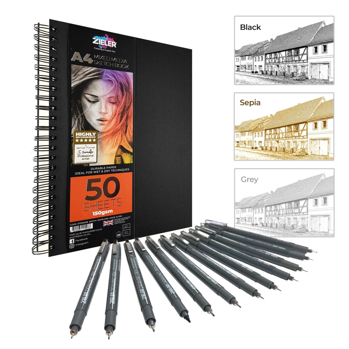 Fineliner Drawing Pens Starter Set - Zieler | 12 Fineliner Drawing Pens (Black, Sepia & Grey) & A4 Spiral, Hardback Mixed Media Sketchbook | 09299458 - Image 2