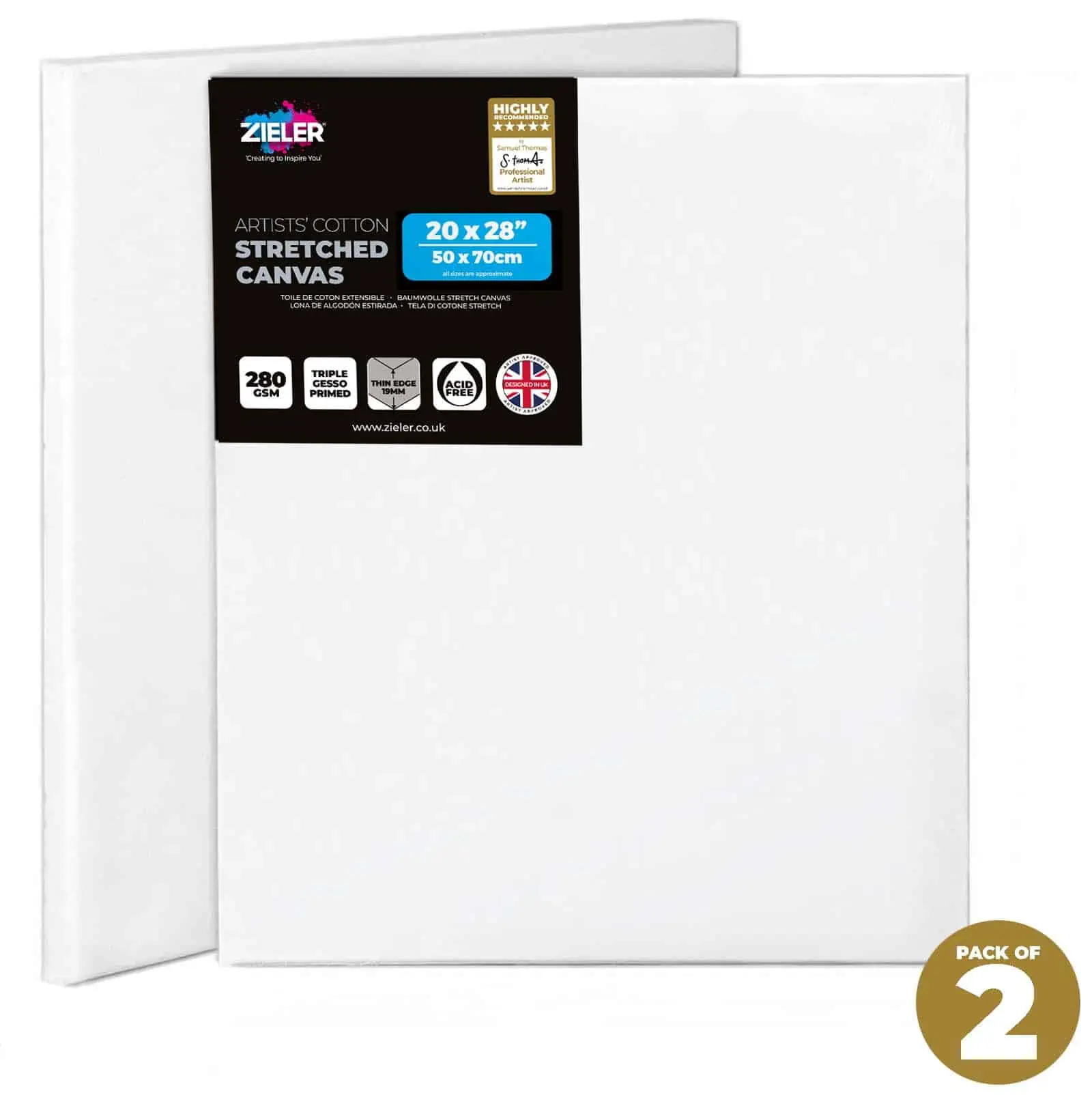 Stretched Canvas 350gsm (50 X 70cm) 16m Thin Edge | Zieler | Pack Of 2
