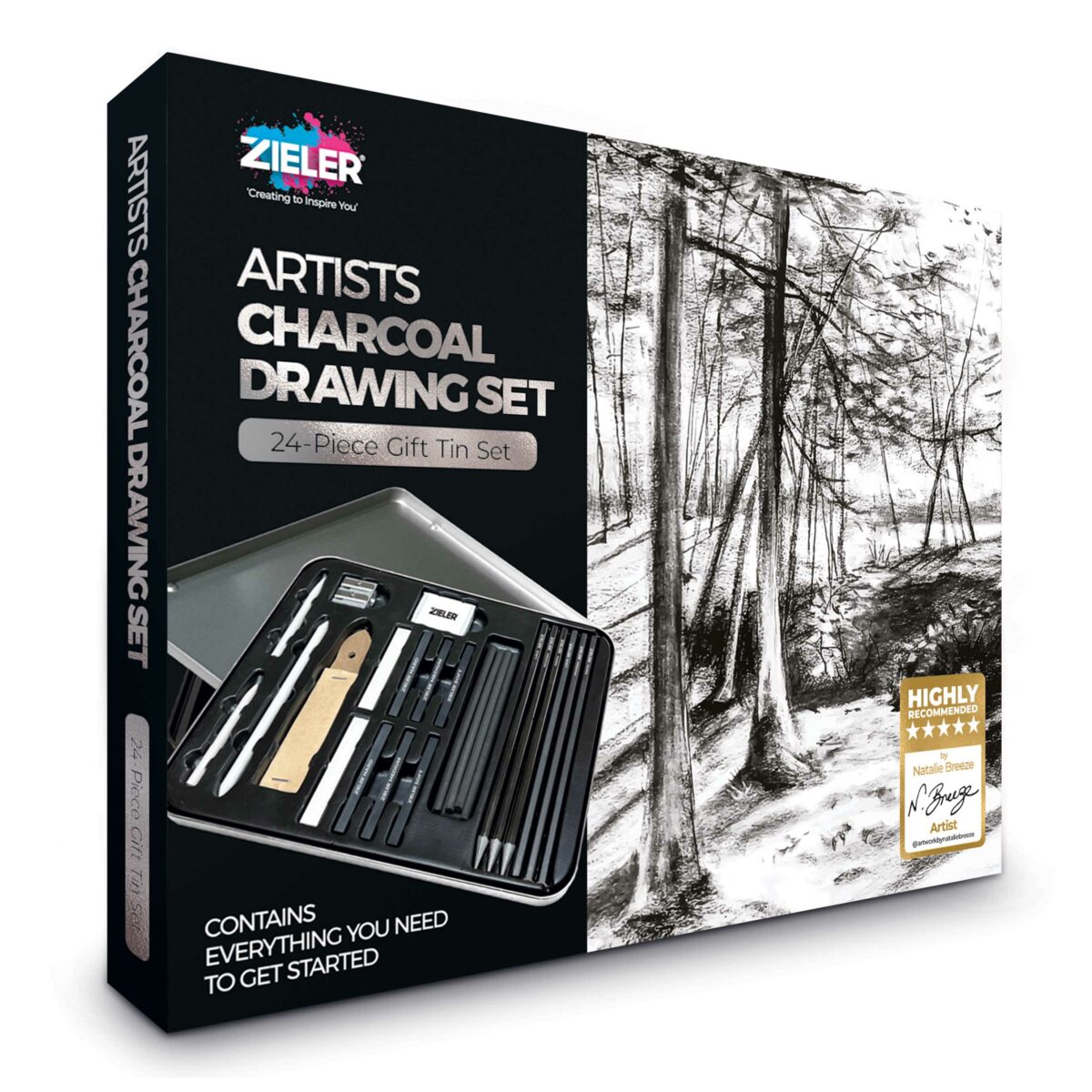 Charcoal Drawing Introductory Set - Zieler | 24-Piece Charcoal Drawing Set in a Gift Tin & A4 Charcoal Drawing Pad | 09299545 - Image 2