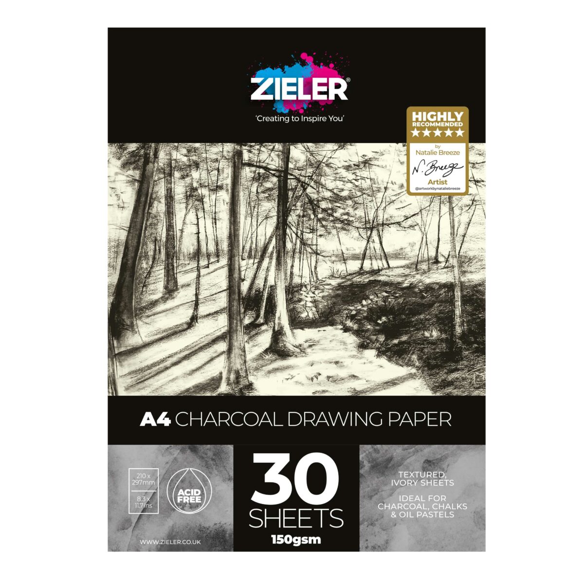 Charcoal Drawing Introductory Set - Zieler | 24-Piece Charcoal Drawing Set in a Gift Tin & A4 Charcoal Drawing Pad | 09299545 - Image 3