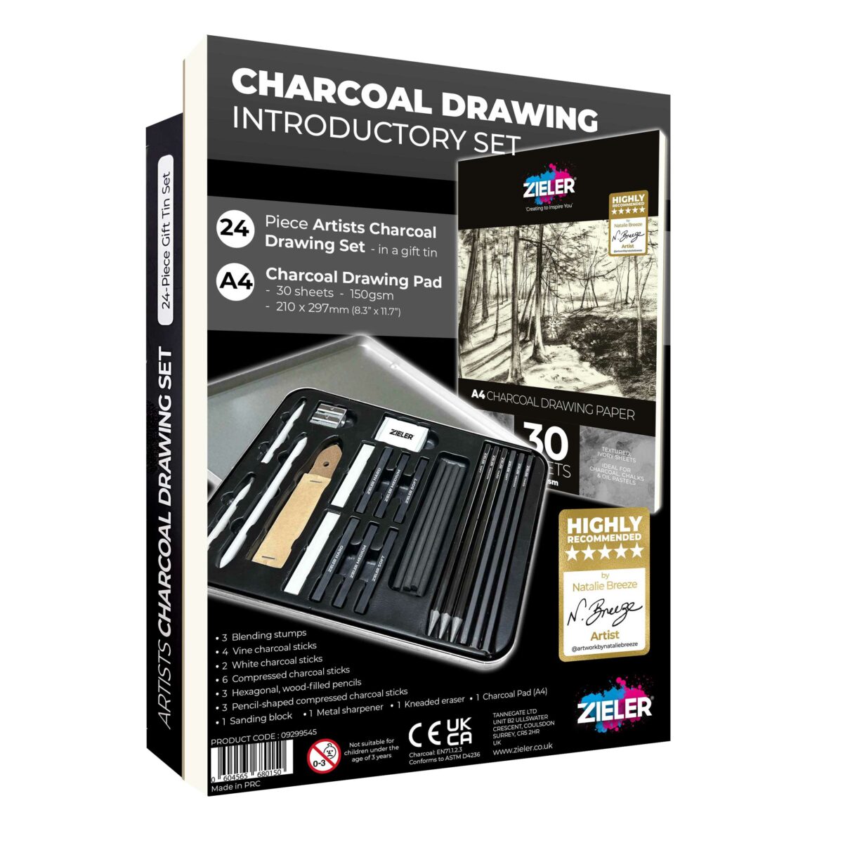 Charcoal Drawing Introductory Set - Zieler | 24-Piece Charcoal Drawing Set in a Gift Tin & A4 Charcoal Drawing Pad | 09299545