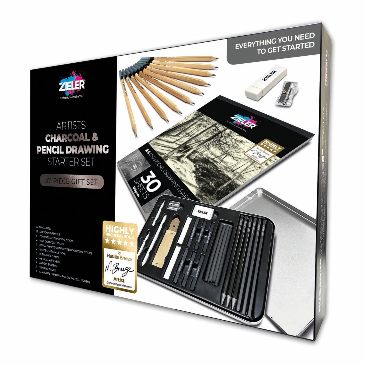 Artists Charcoal & Pencil Drawing Starter Set - Zieler | 24-Piece Charcoal Drawing Set in a Gift Tin, 10 Graded Sketching Pencils & A4 Charcoal Drawing Pad | 0929540