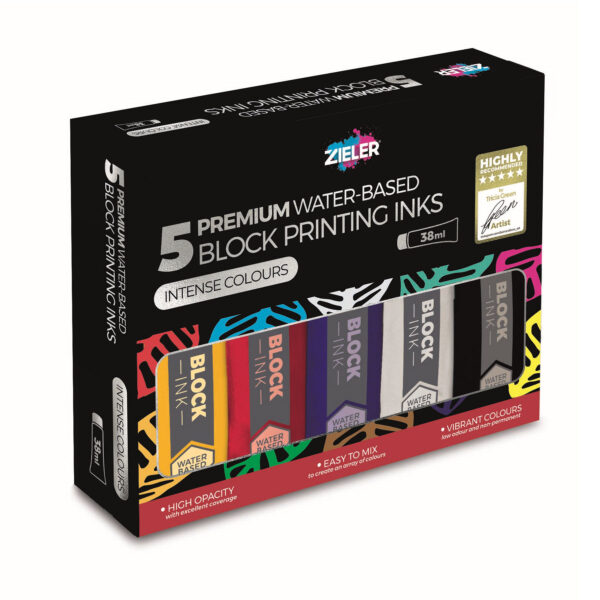5 Block Printing Inks | Water-Based 38ml Tubes in Black, Blue, Red, White & Yellow | 09608122